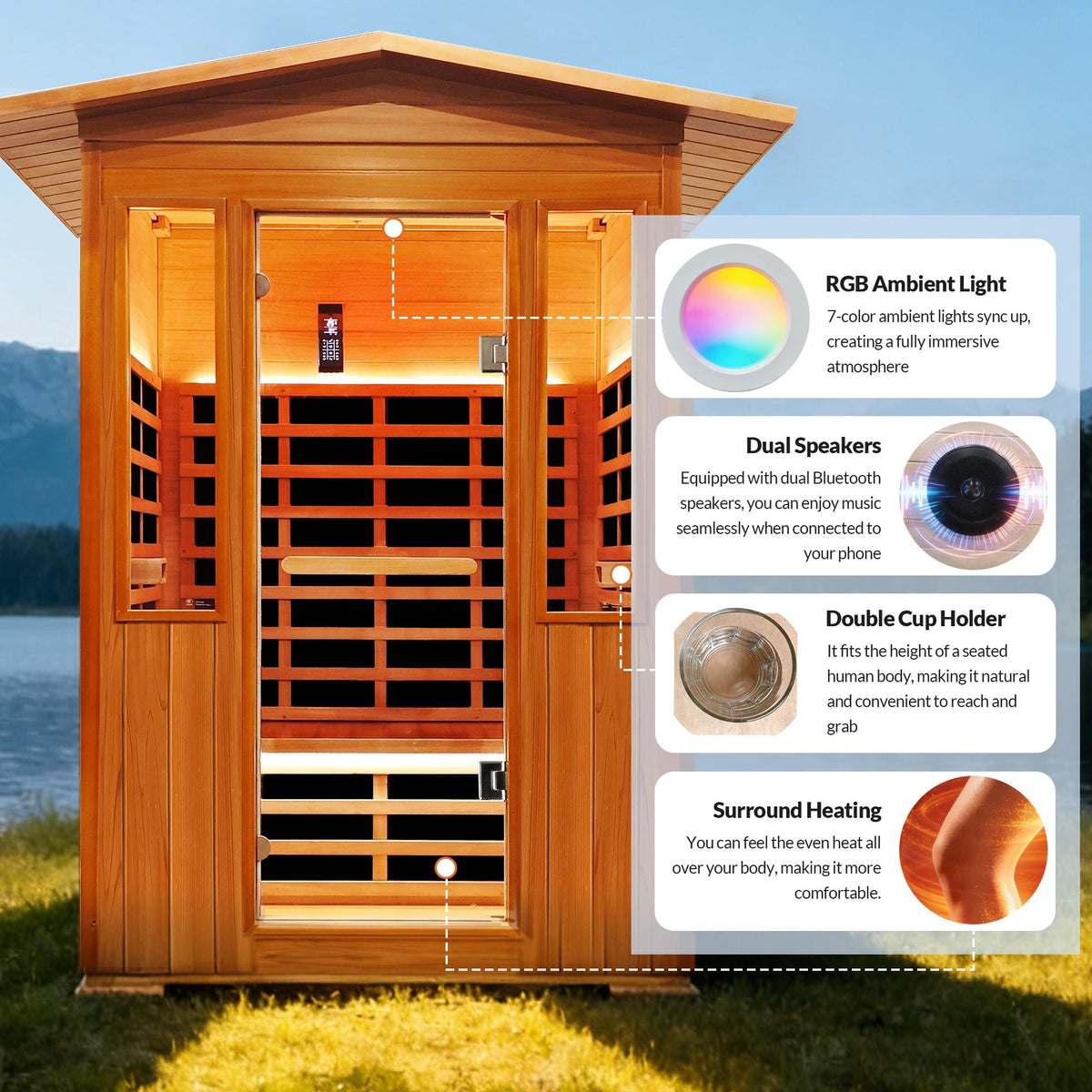 Outdoor Red Cedar Infrared Sauna Room with Bluetooth & Ambient Lighting - Natural