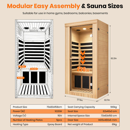 1020W Canadian Hemlock Single Mini Far Infrared Sauna Room