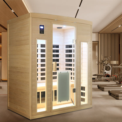 Low EMF Far-Infrared Three Person Sauna Room with Glass Door - Hemlock Wood