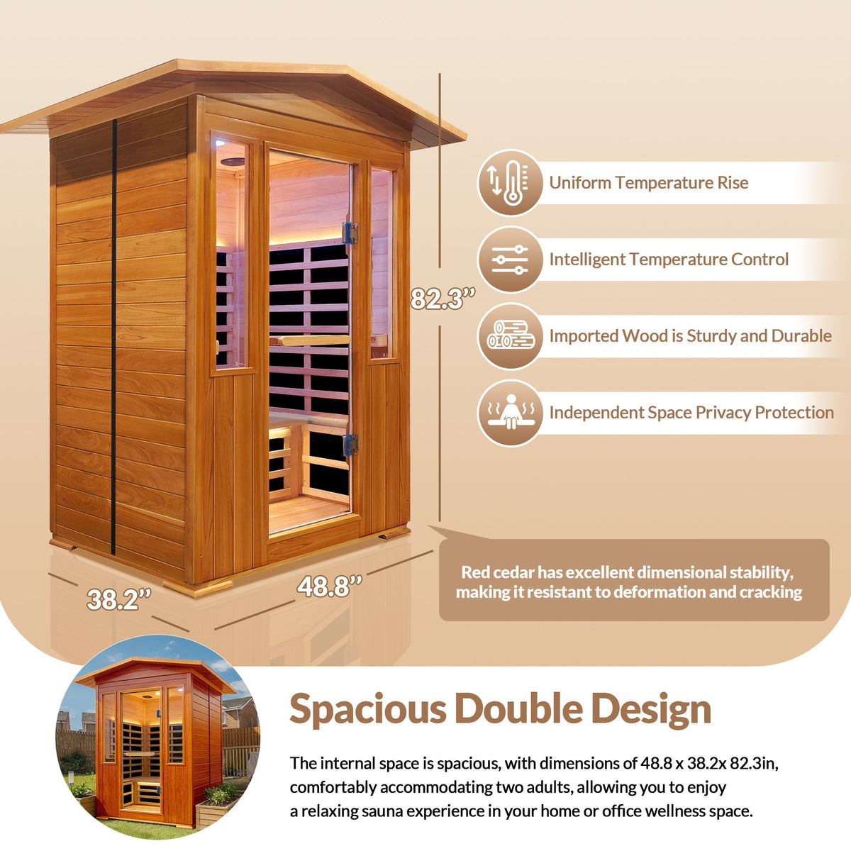 Outdoor Red Cedar Infrared Sauna Room with Bluetooth & Ambient Lighting - Natural