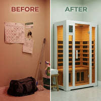 2 Person Extendable FAR Infrared Sauna for Home, Hemlock Wood Low EMF 6 Carbon Heaters Indoor Saunas with LED Lights, Bluetooth Speaker, Digital Control Panel, and Seating Bench — Before & After