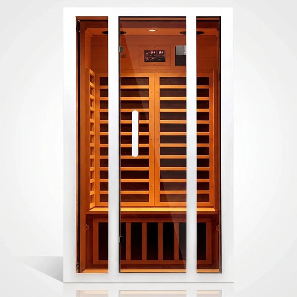 2 Person Extendable FAR Infrared Sauna for Home, Hemlock Wood Low EMF 6 Carbon Heaters Indoor Saunas with LED Lights, Bluetooth Speaker, Digital Control Panel, and Seating Bench — Studio Shot