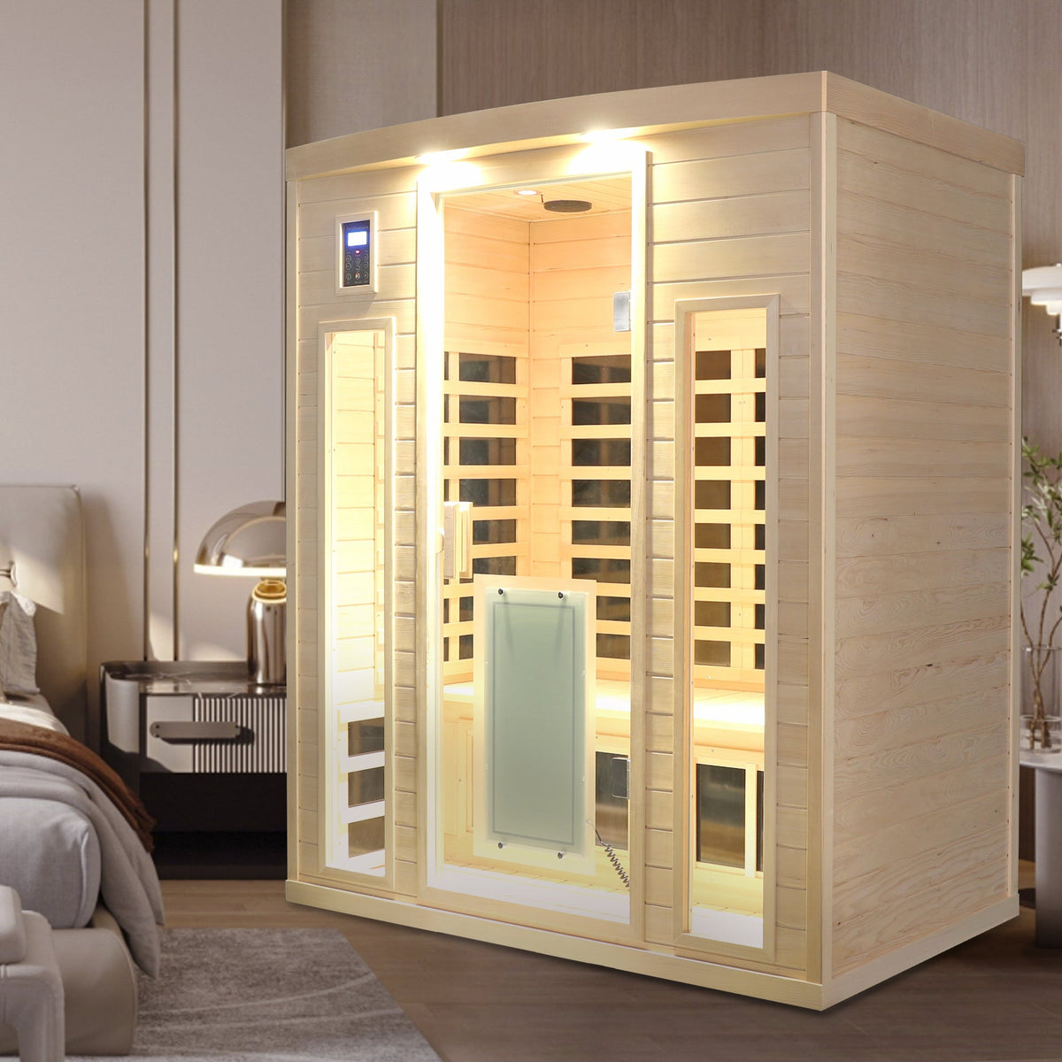 Low EMF Far-Infrared Three Person Sauna Room with Glass Door - Hemlock Wood