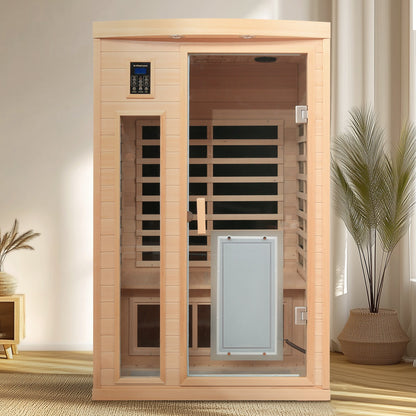 Low EMF Hemlock Wood Far-Infrared Two-Person Sauna Room with Bluetooth – Natural Finish