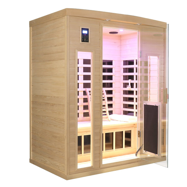 Low EMF Far-Infrared Three Person Sauna Room with Glass Door - Hemlock Wood