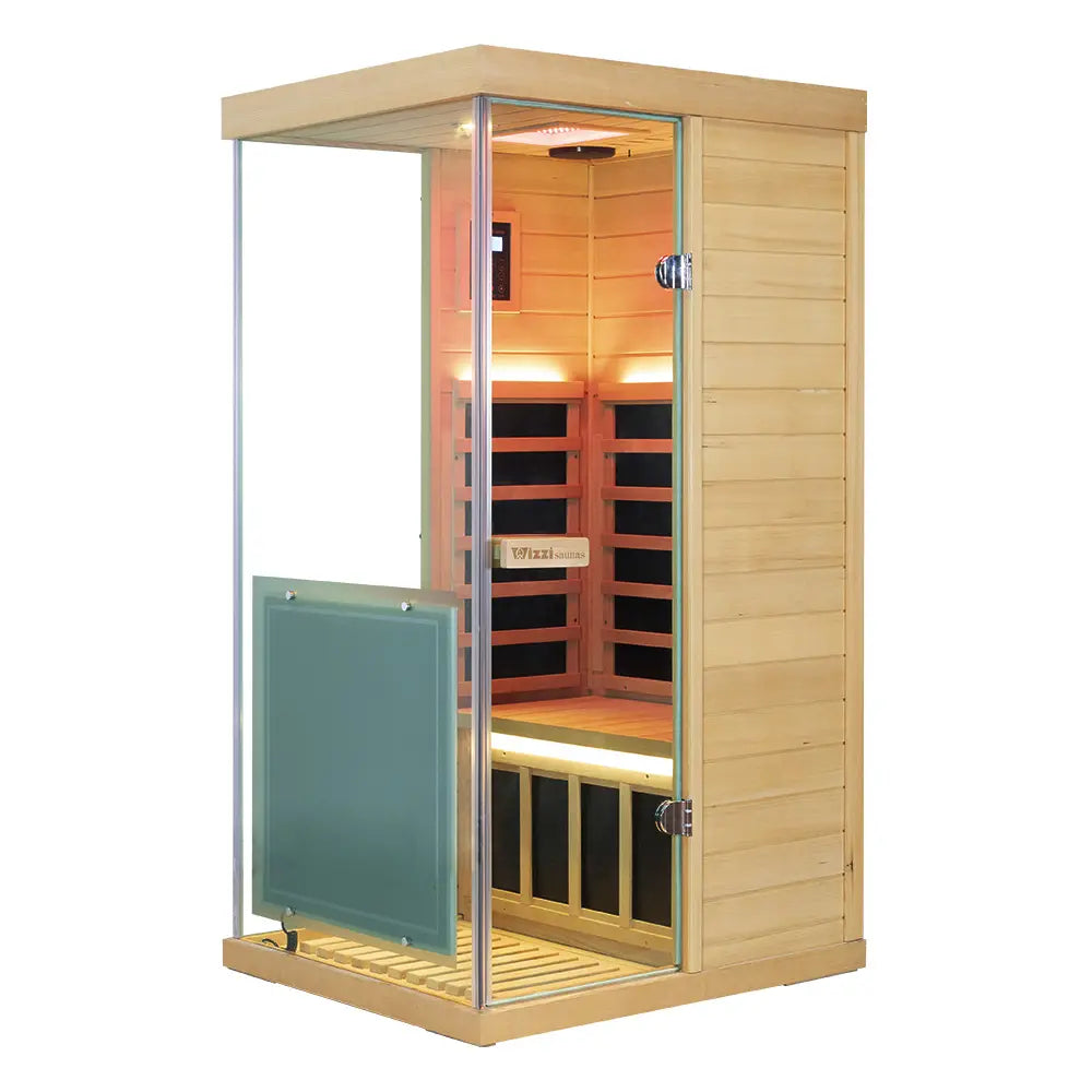 Wizzisauna Mini 1 Person Infrared Sauna 3 Sides Large glass panels