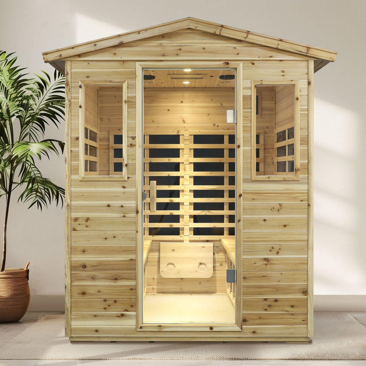 Four Person Far-Infrared Outdoor Sauna Room with Bluetooth and LED - Natural