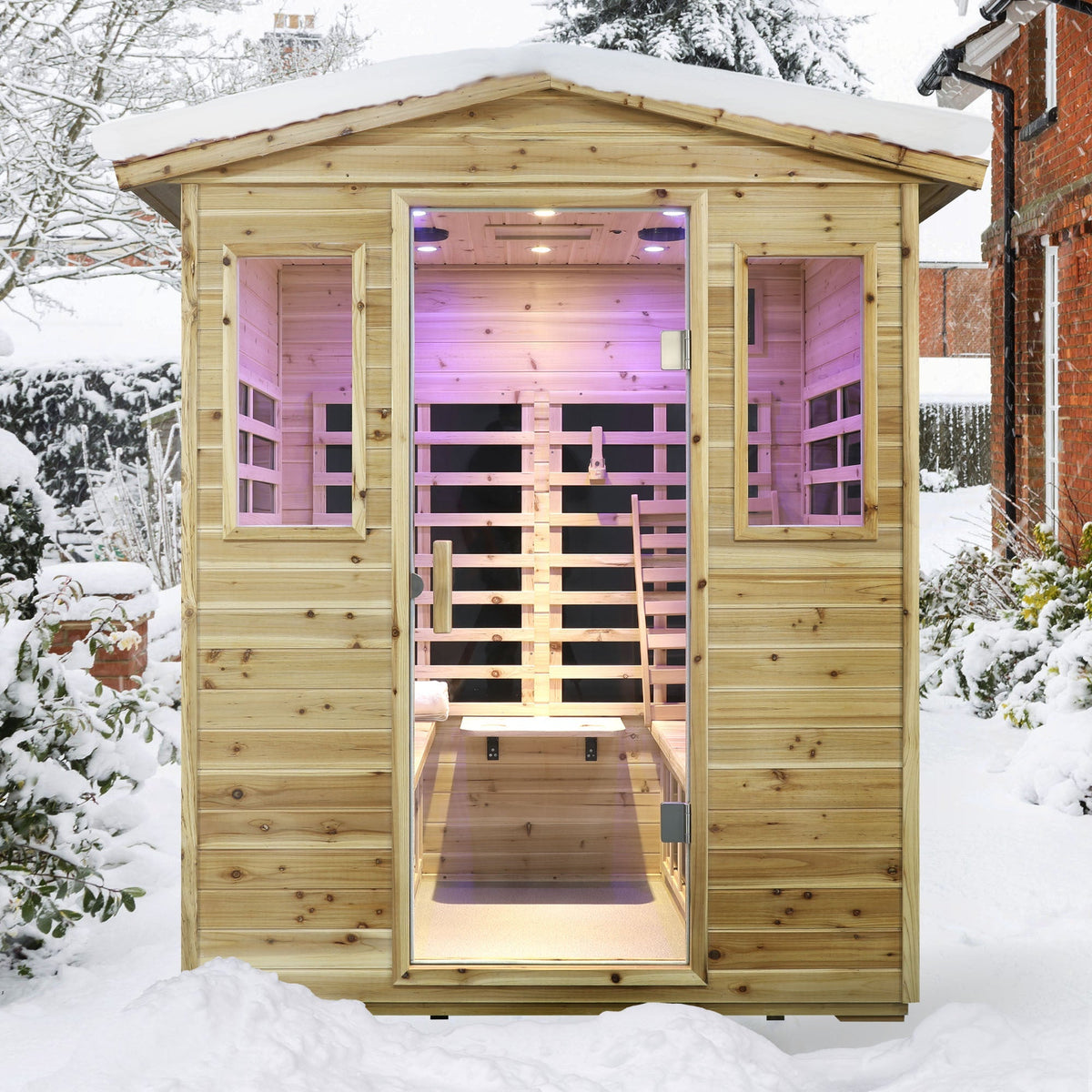 Four Person Far-Infrared Outdoor Sauna Room with Bluetooth and LED - Natural