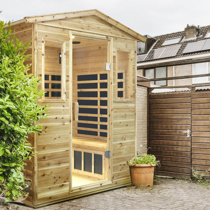 Four Person Far-Infrared Outdoor Sauna Room with Bluetooth and LED - Natural