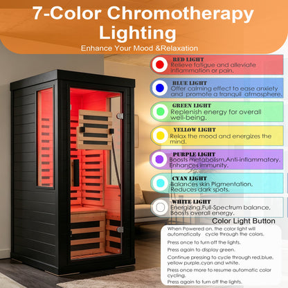 One-Two Person Far Infrared Sauna with 7-Color Therapy Lighting - Solid Wood