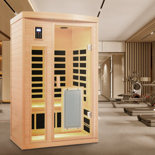 Low EMF Hemlock Wood Far-Infrared Two-Person Sauna Room with Bluetooth – Natural Finish