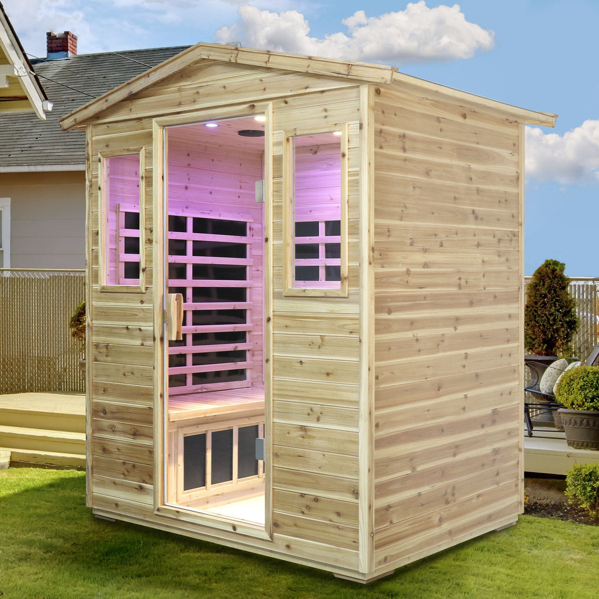 Four Person Far-Infrared Outdoor Sauna Room with Bluetooth and LED - Natural