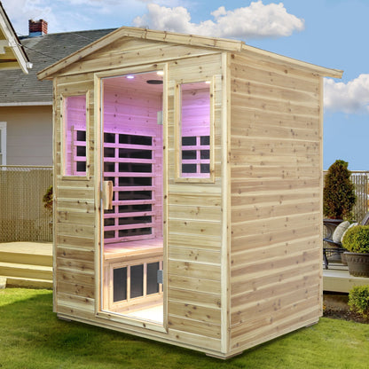 Four Person Far-Infrared Outdoor Sauna Room with Bluetooth and LED - Natural