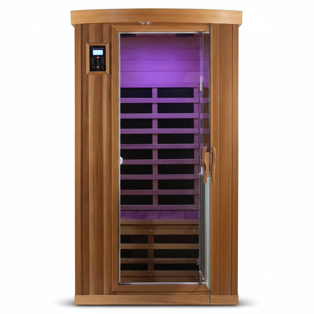SALUSHEAT -  Sauna Far Infrared Sauna 1 Person plus Low-Emf Natural Red Cedar Indoor Sauna Spa, 1510W Infrared Sauna for Home, 8 Low Electromagnetic Field Heaters, 2 Bluetooth Speakers, 1 LED Reading Lamp