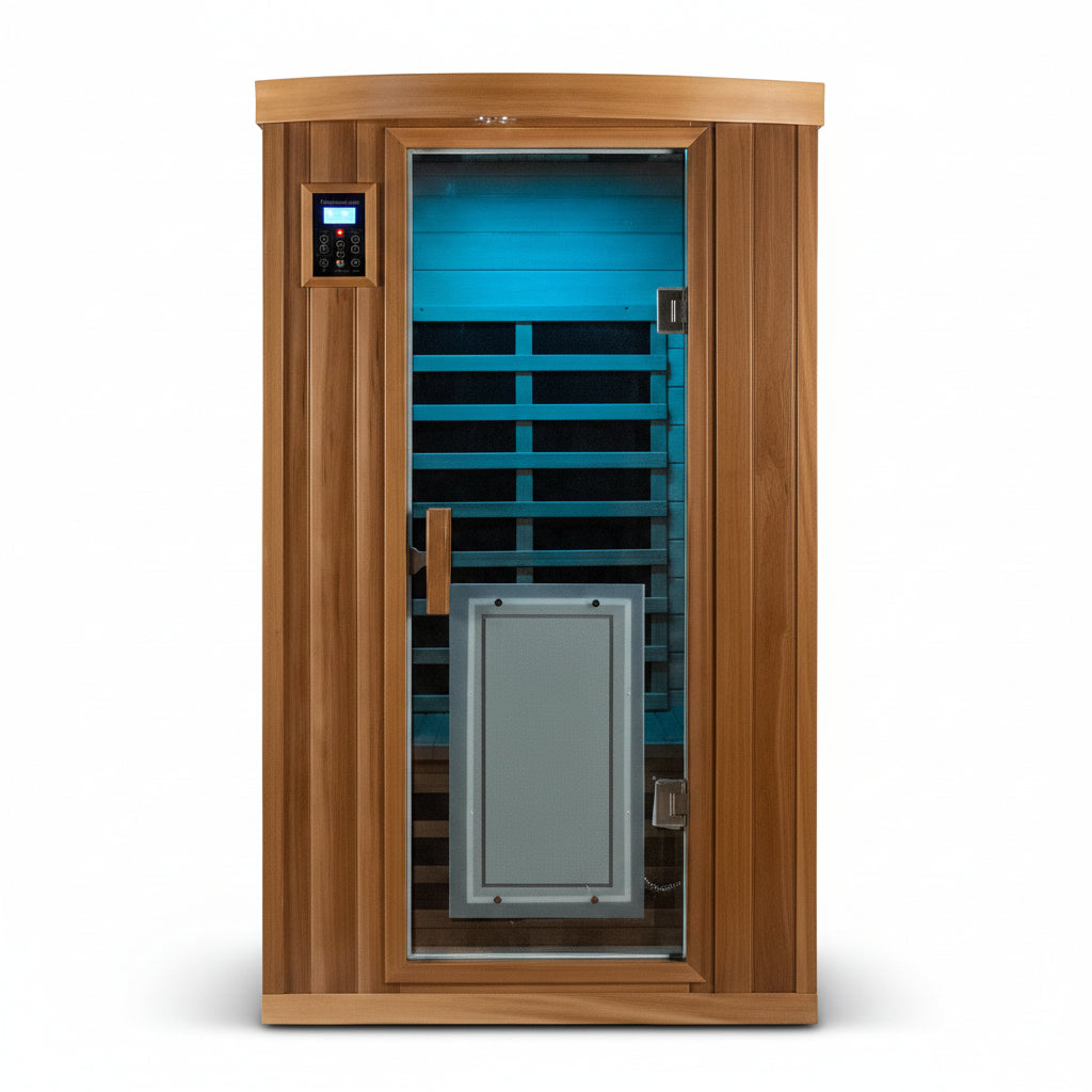 SALUSHEAT -  Sauna Far Infrared Sauna 1 Person plus Low-Emf Natural Red Cedar Indoor Sauna Spa, 1510W Infrared Sauna for Home, 8 Low Electromagnetic Field Heaters, 2 Bluetooth Speakers, 1 LED Reading Lamp