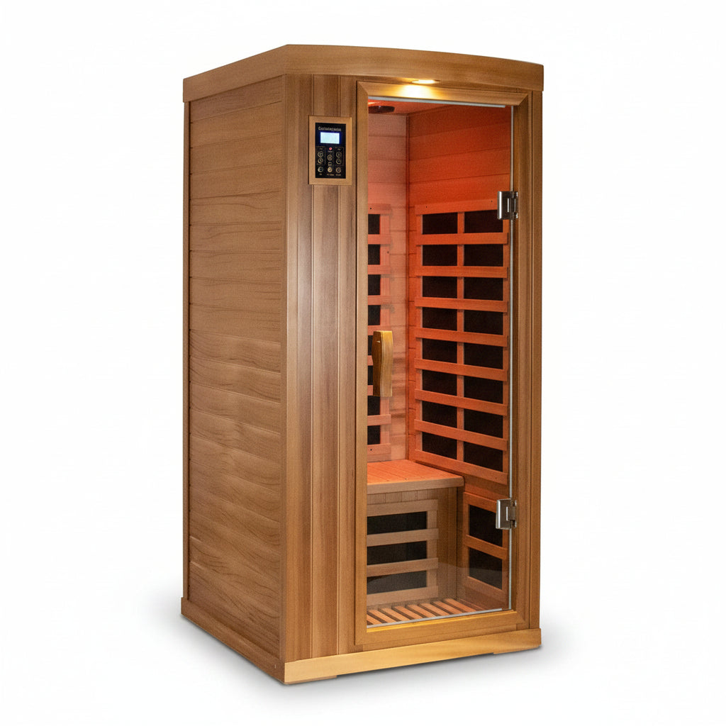 SALUSHEAT -  Sauna Far Infrared Sauna 1 Person plus Low-Emf Natural Red Cedar Indoor Sauna Spa, 1510W Infrared Sauna for Home, 8 Low Electromagnetic Field Heaters, 2 Bluetooth Speakers, 1 LED Reading Lamp