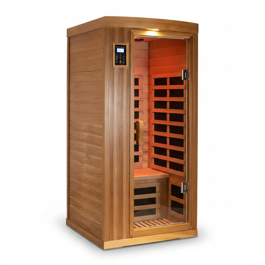 SALUSHEAT -  Sauna Far Infrared Sauna 1 Person plus Low-Emf Natural Red Cedar Indoor Sauna Spa, 1510W Infrared Sauna for Home, 8 Low Electromagnetic Field Heaters, 2 Bluetooth Speakers, 1 LED Reading Lamp