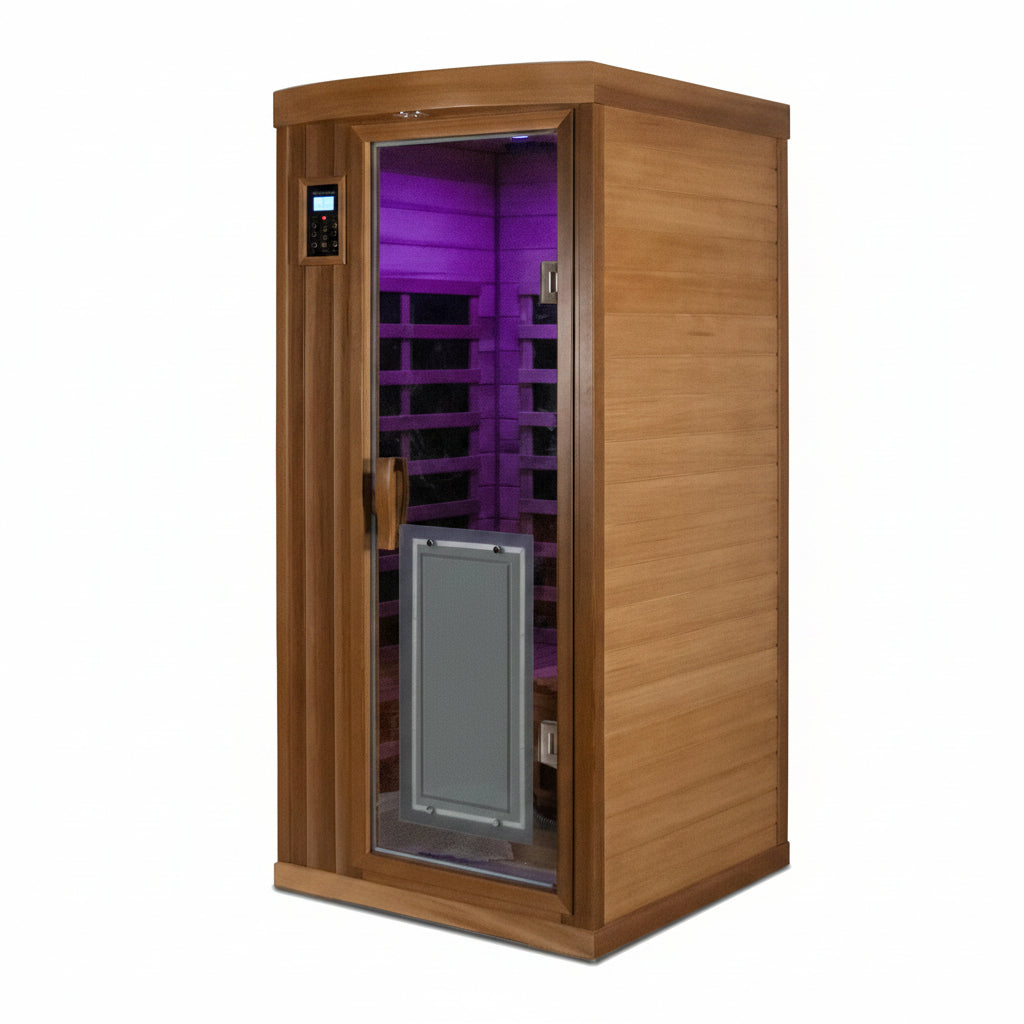 SALUSHEAT -  Sauna Far Infrared Sauna 1 Person plus Low-Emf Natural Red Cedar Indoor Sauna Spa, 1510W Infrared Sauna for Home, 8 Low Electromagnetic Field Heaters, 2 Bluetooth Speakers, 1 LED Reading Lamp
