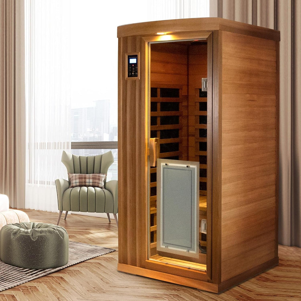 SALUSHEAT -  Sauna Far Infrared Sauna 1 Person plus Low-Emf Natural Red Cedar Indoor Sauna Spa, 1510W Infrared Sauna for Home, 8 Low Electromagnetic Field Heaters, 2 Bluetooth Speakers, 1 LED Reading Lamp