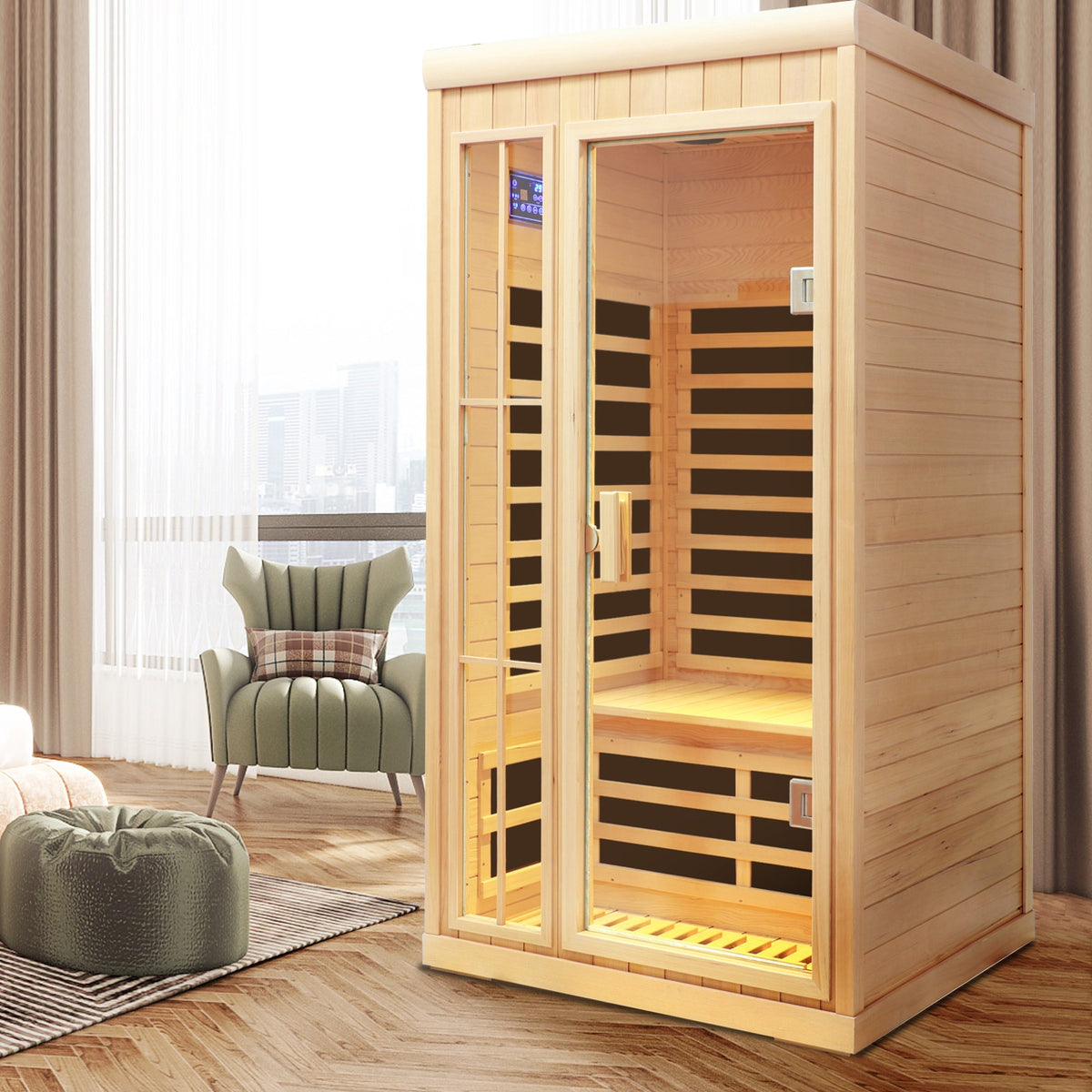 Deluxe One Person Far Infrared Hemlock Sauna Room with LED Lights - Hemlock