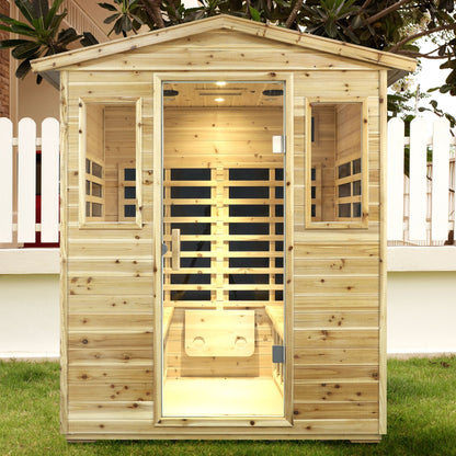 Four Person Far-Infrared Outdoor Sauna Room with Bluetooth and LED - Natural