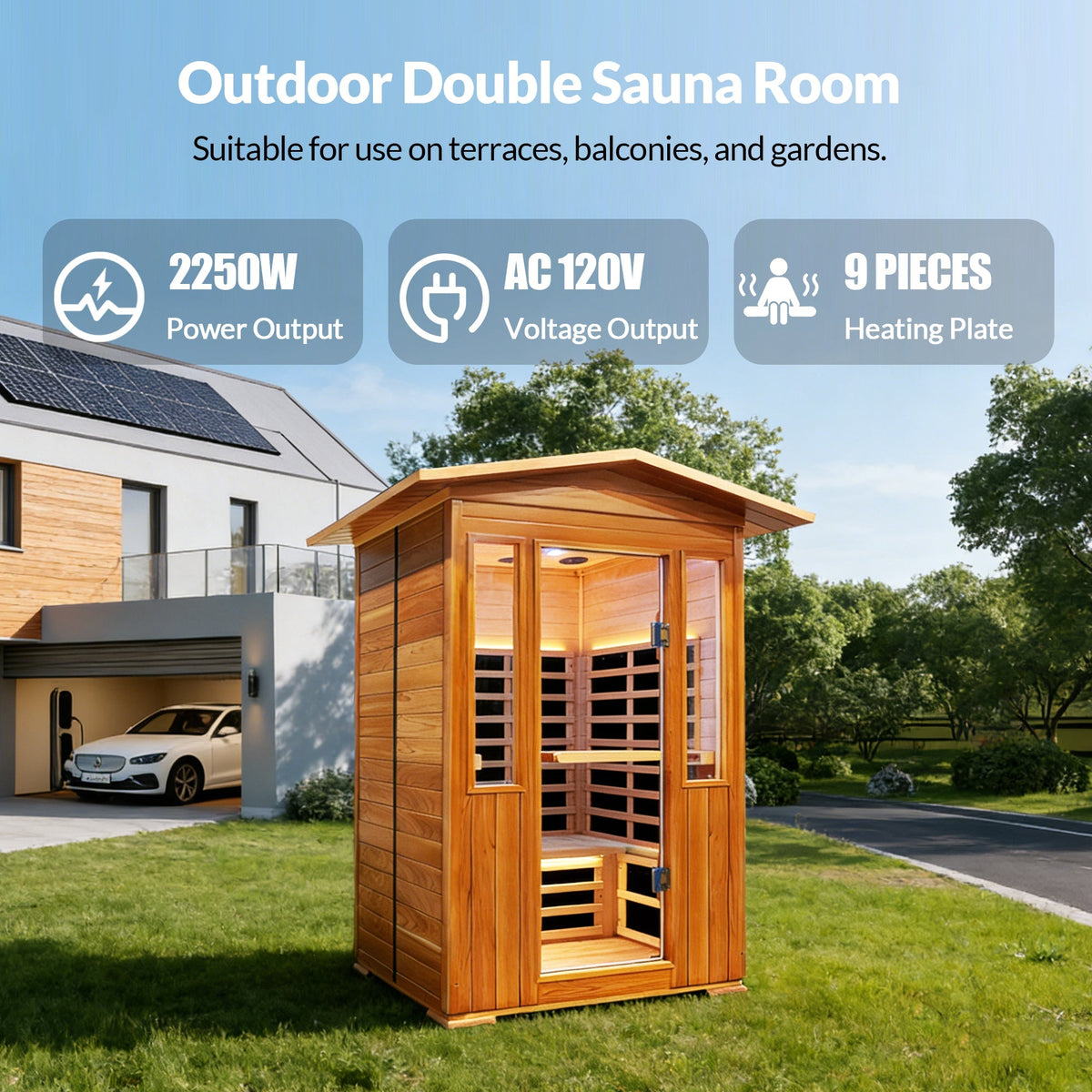 Outdoor Red Cedar Infrared Sauna Room with Bluetooth & Ambient Lighting - Natural