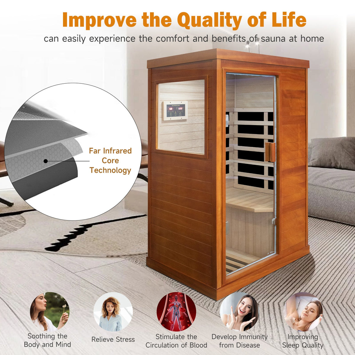 Solid Wood Infrared Sauna Room with Broad-Spectrum Heating Plates - Natural