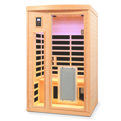 Low EMF Hemlock Wood Far-Infrared Two-Person Sauna Room with Bluetooth – Natural Finish