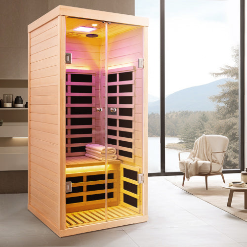Large Glass Hemlock Sauna with Infrared Heating – One Person
